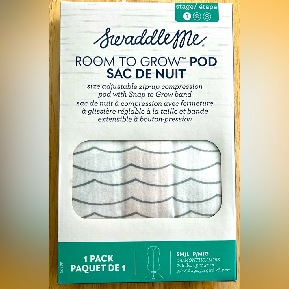 NEW in box SwaddleMe stage 1 (0-6 months) room to grow pod - gray waves - unisex